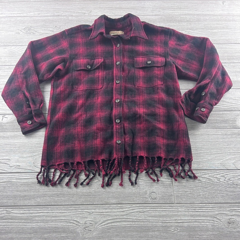 Telluride Clothing Co Red Black Plaid Wool Blend Fringe Hem Flannel Shirt Medium